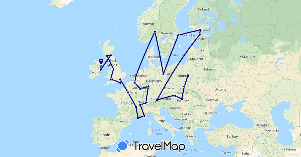 TravelMap itinerary: driving in Austria, Belgium, Switzerland, Germany, Estonia, Finland, France, United Kingdom, Hungary, Ireland, Luxembourg, Monaco, Netherlands, Norway, Poland, Sweden, Slovakia (Europe)